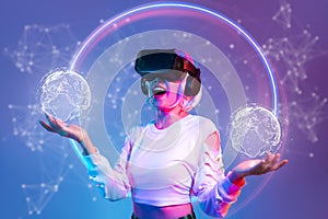 Metaverse technology. Woman wear vr goggles headset connecting digital virtual reality world. Global interface experience.