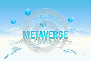Metaverse, virtual reality, augmented reality and blockchain technology, user interface 3D experience. Computer generated word