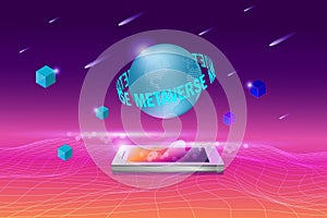 Metaverse, virtual reality, augmented reality and blockchain technology, user interface 3D experience. Word metaverse and world