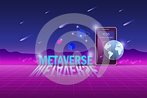 Metaverse, virtual reality and augmented reality technology, user interface 3D experience. Computer generated word metaverse on