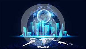 Metaverse Virtual reality Concept Buildings, digital maps and digital worlds of Future technology metaverse connected to