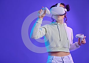Metaverse, virtual reality glasses and a woman with mockup space for futuristic, cyber and digital world. Gamer person