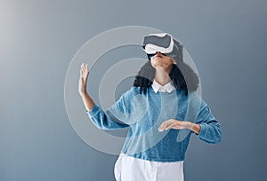 Metaverse, virtual reality headset and woman with hands for mockup space and 3d game in studio. Gamer person vr tech