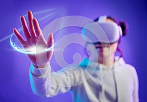 Metaverse, virtual reality and a woman with vr glasses for futuristic gaming, cyber and 3d world. Gamer person with hand