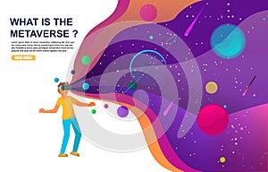 Metaverse or virtual world. Boy in VR glasses interacting with virtual reality. VR technology, metaverse gaming, vector.