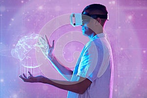 Metaverse, vr and man with globe hologram for networking, connection and digital transformation. Neon world, futuristic