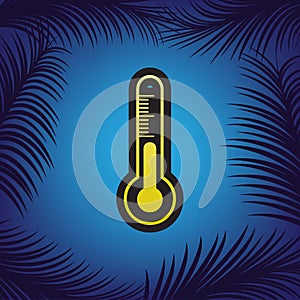 Meteo diagnostic technology thermometer sign. Vector. Golden icon with black contour at blue background with branches of palm