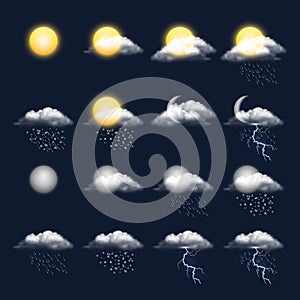 Meteo realistic icon. Clouds sun rain wind snow vector weather symbols