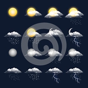 Meteo realistic icon. Clouds sun rain wind snow vector weather symbols photo