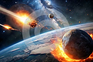 Meteor approaching Earth in space, the meteorite is approaching the planet, Burning exploding asteroids from deep space are