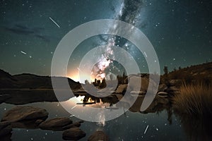 Meteor shower in the sky, observation of the meteor shower in space from the ground, generative AI.