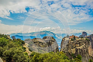 Meteora Greece Christian rocky monastery panoramic colorful landscape scenic view vivid summer time clear weather