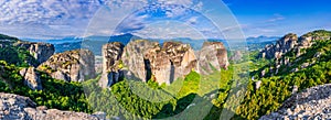 Meteora, Greece. Incredible sunrise view of sandstone rock formations and monasteries