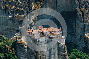 Meteora, Greece. Mountain scenery with Meteora rocks and Roussanou Monastery