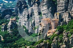 Meteora, Greece. Mountain scenery with Meteora rocks and Roussanou Monastery