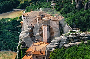 Meteora, Greece. Mountain scenery with Meteora rocks and Roussanou Monastery