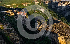 Meteora monasteries drone view at sunset