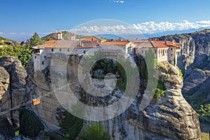 Meteora monasteries, Greece. Panoramic view on the Holy Monastery of Varlaam placed on the edge of high rock. The Meteora area is