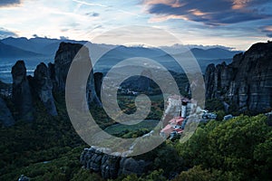 Meteora monasteries after sunset