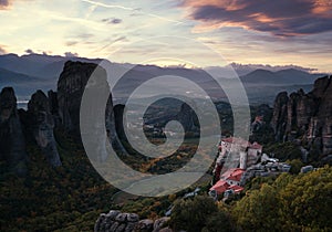 Meteora monasteries after sunset