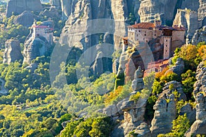 Meteora monasteries. Unique Panoramic view on the Roussanou Monastery placed on the edge of high rock. The Meteora area is on