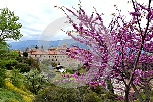 Meteora monastery, spectacular landscape with buildings on the t