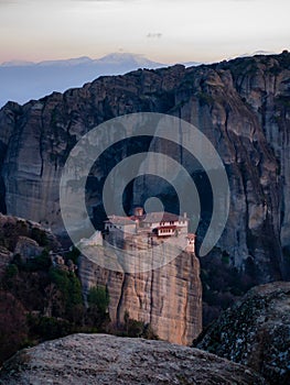 Meteora Monastery After Sunset - Stunning Rock Formation in the Background