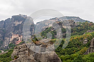 Meteora - Panoramic view on the holy monasteries of Meteora (Great Meteoron, Varlaam, Rousanou, Nicholas Anapafsas) in Kalambaka,