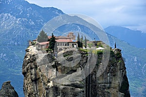 Meteora monastery, spectacular landscape with buildings on the t