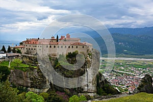 Meteora monastery, spectacular landscape with buildings on the t