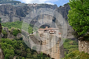 Meteora monastery, spectacular landscape with buildings on the t