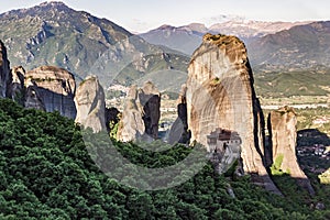 Meteora rock mountains and monastery in the Pindos Mountains, Greece