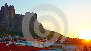 Meteora rocks and Kalabaka town at sunrise photo