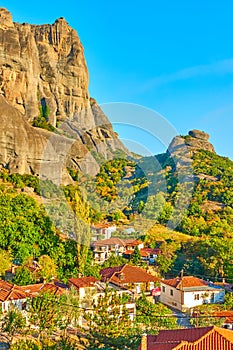 The Meteora rocks and roofs of Kalambaka town