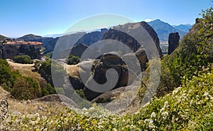Meteora rocks with Varlaam Monastery in the background in Greece
