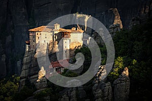 Meteora Roussanou Monastery at sunrise, Greece photo