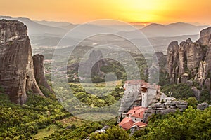 Meteora Roussanou Monastery at sunset, Greece photo