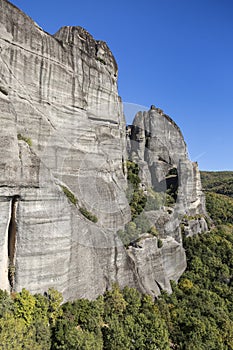 Meteora unique and enormous columns of rock rise precipitously from the ground, beside the Pindos Mountains. Western region of