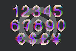 Meteoric colorful numbers with currency signs of dollar and euro