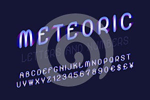 Meteoric letters with numbers and currency signs. Vibrant font. Isolated english alphabet
