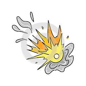 Meteorite fall. Comic explosion. Bomb explosion, smoke cloud or fire flash. Atomic boom or dynamite detonation, doodle style,