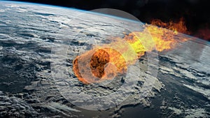 Meteorite Falling to Earth. Asteroid, comet, meteorite glows, enters the earth`s atmosphere. Attack of the meteorite