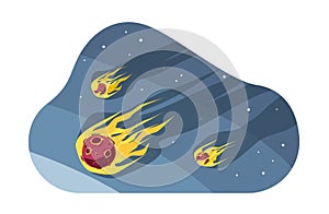 Meteorites flying in starry night sky. Meteor stone with fire. Asteroid comet in outer space. Cataclysm and destruction