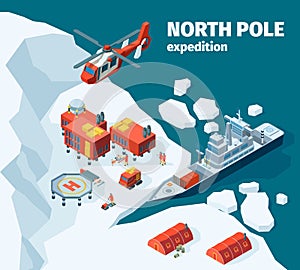 Meteorological north station. Polar north pole background explorer tourism antarctica buildings vector isometric