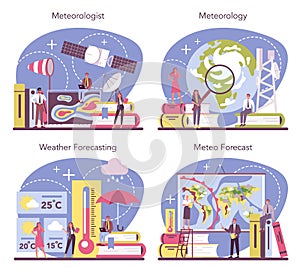 Meteorologist concept set. Weather forecaster studying and researching