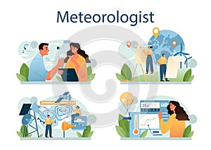 Meteorologist concept set. Weather forecaster studying and researching