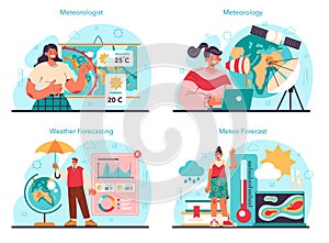 Meteorologist concept set. Weather forecaster studying and researching