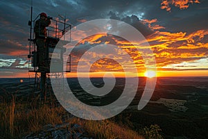 A meteorologist on a high tower observes the sunrise, with the sky painted in vivid shades of orange, red, and yellow.