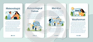 Meteorologist mobile application banner set. Weather forecaster studying