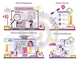 Meteorologist online service or platform set. Weather forecaster